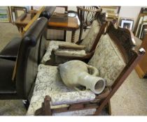 PAIR OF WALNUT FRAMED HIS AND HERS CHAIRS WITH EMBROIDERED SEATS AND BACKS