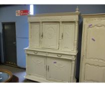LARGE FRENCH PAINTED CUPBOARD, THE TOP FITTED WITH THREE CARVED PANEL DOORS, THE BASE WITH THREE