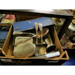 BOX CONTAINING SILVER CANDLESTICK, LIDDED TOBACCO JAR, HIP FLASK ETC