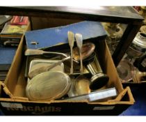 BOX CONTAINING SILVER CANDLESTICK, LIDDED TOBACCO JAR, HIP FLASK ETC