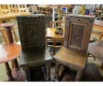 PAIR OF MADE UP CHILDREN'S HALL CHAIRS WITH PANELLED BACK AND TURNED LEGS