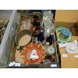 BOX CONTAINING VICTORIAN PRINTED VASES, CARNIVAL GLASS DISH ETC