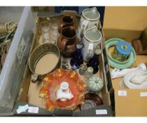 BOX CONTAINING VICTORIAN PRINTED VASES, CARNIVAL GLASS DISH ETC