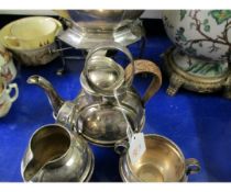 EARLY 20TH CENTURY ELECTRO-PLATED TEA SET ON STAND AND COMPRISING BACHELOR SIZE TEA POT, MILK JUG