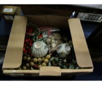 BOX CONTAINING MIXED COSTUME JEWELLERY, BEAD NECKLACES AND TWO ORIENTAL TEA BOWLS