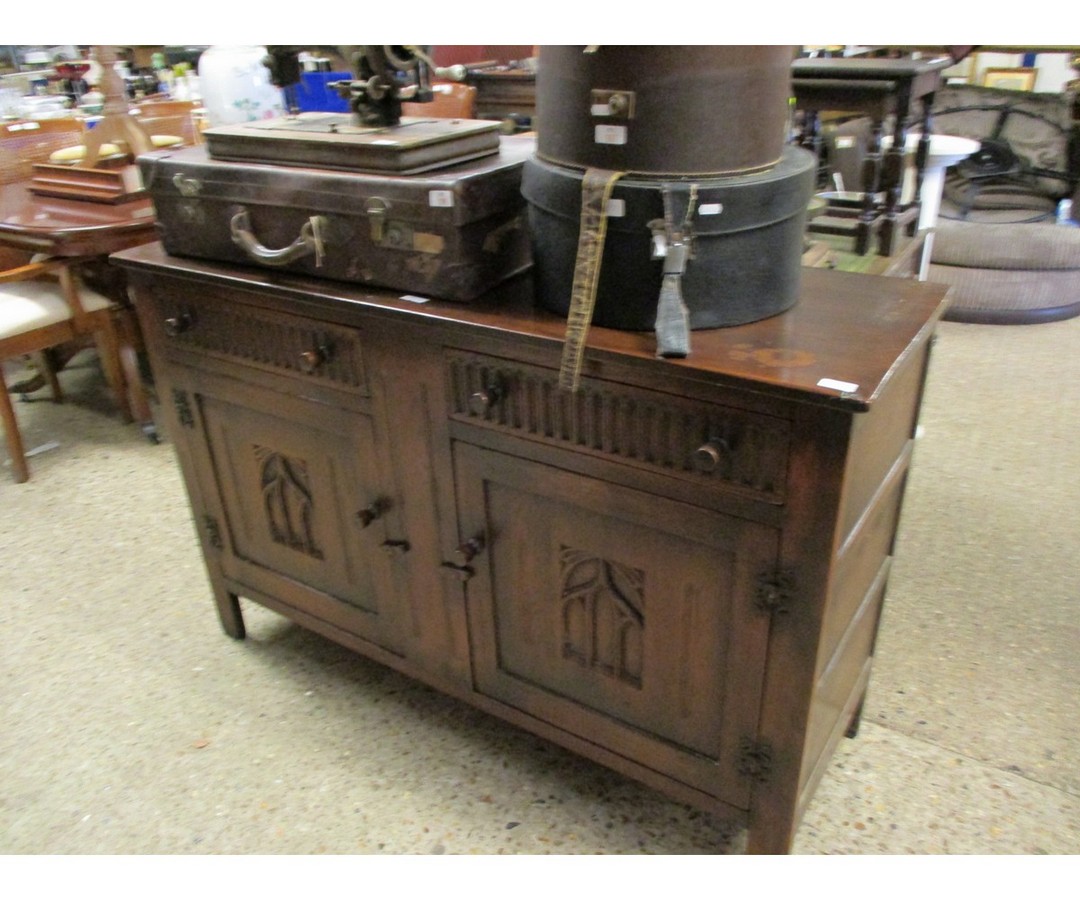 OLD CHARM SIDEBOARD WITH TWO DRAWERS OVER TWO PANELLED CUPBOARD DOORS WITH TURNED KNOB HANDLES