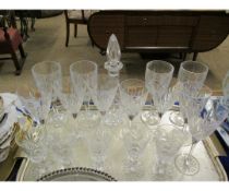 TRAY CONTAINING CUT GLASS WINE GLASSES, DECANTER ETC