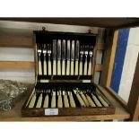 EARLY 20TH CENTURY OAK CASED CANTEEN OF 12 EACH DESSERT KNIVES AND FORKS, EACH WITH POLISHED