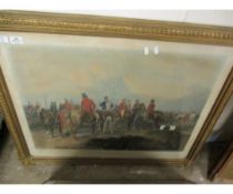 GOOD QUALITY VICTORIAN GILT PRINT ENTITLED "FOXHUNTING THE MEET"
