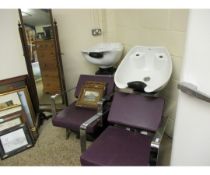 PAIR OF CHROMIUM AND PURPLE LEATHER SALON CHAIRS WITH BUILT IN SINKS