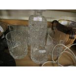 GOOD QUALITY SQUARE CUT GLASS DECANTER AND FOUR TUMBLERS