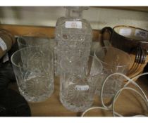 GOOD QUALITY SQUARE CUT GLASS DECANTER AND FOUR TUMBLERS