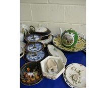 MIXED LOT OF TUREENS, THREE TIER CAKE STAND ETC