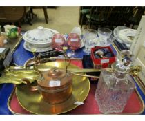 TRAY OF CUT GLASS DECANTER, BRASS ANDIRONS ETC