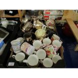 BOX CONTAINING MIXED SILVER PLATED TROPHY CUPS AND A QUANTITY OF WEDGWOOD FLORAL BROCADE COFFEE CANS