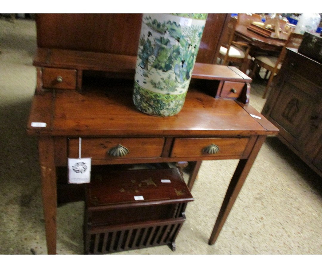 PINE FRAMED SMALL DESK WITH OPEN SHELF AND TWO DRAWERS WITH REEDED CUP HANDLES