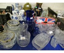 MIXED LOT OF GLASS WARES, BLUE GLASS JUG AND TWO TUMBLERS ETC