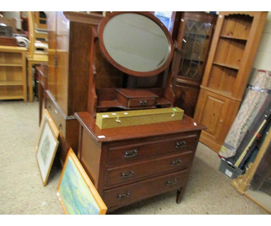 MAHOGANY FRAMED OVAL MIRROR BACK DRESSING CHEST WITH THREE FULL WIDTH DRAWERS