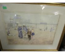 GOOD QUALITY COLOURED PRINT OF A DONKEY RIDE ON THE BEACH