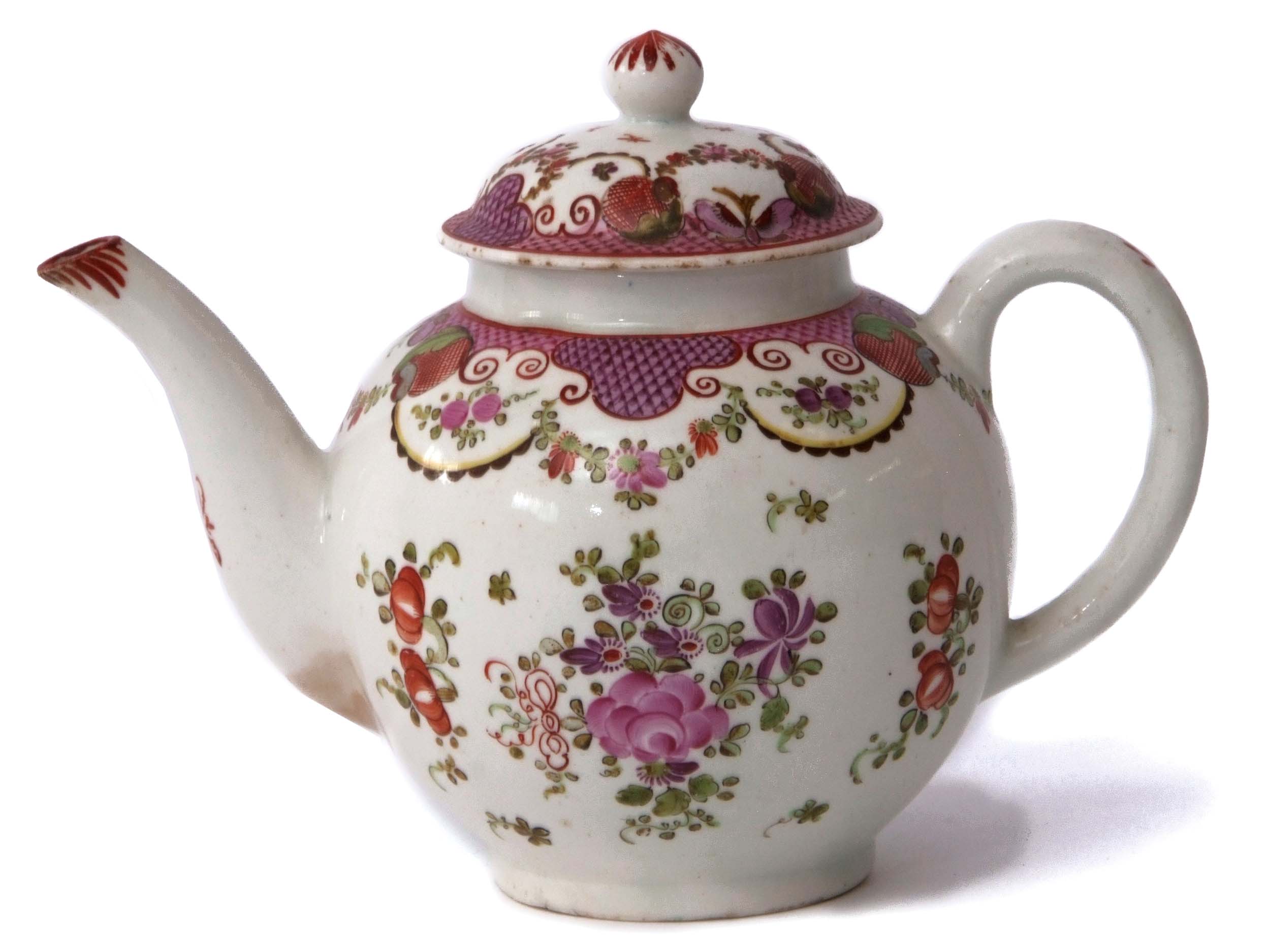 Lowestoft porcelain tea pot and cover circa 1780, decorated in polychrome with a Curtis type design,