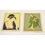 Two Japanese watercolours on card, one of a warrior, one of a Geisha, the image 26cm long (2)
