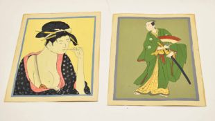 Two Japanese watercolours on card, one of a warrior, one of a Geisha, the image 26cm long (2)