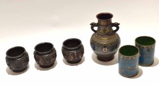 Group of Chinese cloisonne and bronze wares comprising a cloisonne vase decorated in Ming style, two