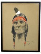 John Hassall, signed charcoal and watercolour, Red Indian (inscribed to Mrs MacDonald Hastings),