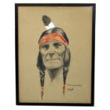 John Hassall, signed charcoal and watercolour, Red Indian (inscribed to Mrs MacDonald Hastings),