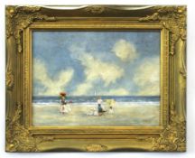 Indistinctly signed modern oil on board, Beach scene with figures, 29 x 38cm