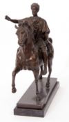 Bronze patinated cast metal model of a classical figure mounted on stallion, 20cm high