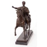 Bronze patinated cast metal model of a classical figure mounted on stallion, 20cm high