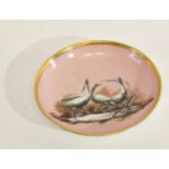 Late 18th century Paris porcelain dish, the salmon pink ground decorated en grisaille with wading