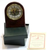 Small table clock with picturesque dial in leather frame with certificate "Made by Roger Lascelles",