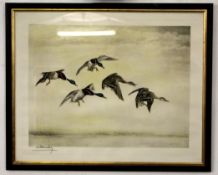 Leon Danchin, signed in pencil to margin, hand coloured etching, published 1933, Mallard in
