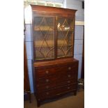 19th century mahogany secretaire bookcase, glazed top enclosing fitted adjustable shelving over a