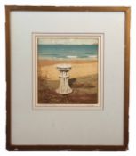 Alfred Hartley RE (1855-1933) Coastal scene with sundial, coloured etching, signed and inscribed