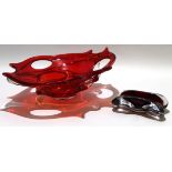 Large ruby coloured glass bowl with Art Nouveau design to exterior, together with a glass ashtray,
