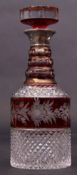 Early 20th century cut glass decanter, the middle and stem with ruby flashings engraved with flowers