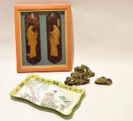 Group of Oriental wares comprising two soapstone carvings, an enamel tray with figures and two