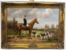Unsigned modern oil on canvas, Hunting Scene, 58 x 88cm