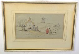 George Bryant Campion, pencil and watercolour, Landscape with figures and dog in a country lane,