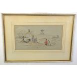 George Bryant Campion, pencil and watercolour, Landscape with figures and dog in a country lane,