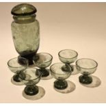 Set of 6 Art Deco glasses, and a jar and cover made for the French market, the bases with facet