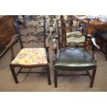 Two late 19th/early 20th century mahogany pierced ladder back carver chairs, one with green
