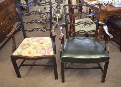 Two late 19th/early 20th century mahogany pierced ladder back carver chairs, one with green