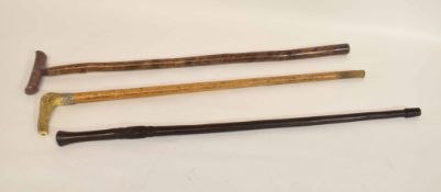 Collection of three walking sticks one with silver collar, one with name plaque for Sir Geoffrey