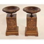Pair of Edwardian rosewood and boxwood inlaid and strung small table top torchere stands with