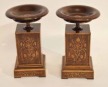 Pair of Edwardian rosewood and boxwood inlaid and strung small table top torchere stands with