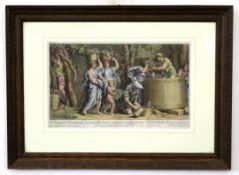 After Maratti, engraved by Frezza, pair of hand coloured engravings, circa 1704, Grape Harvest and
